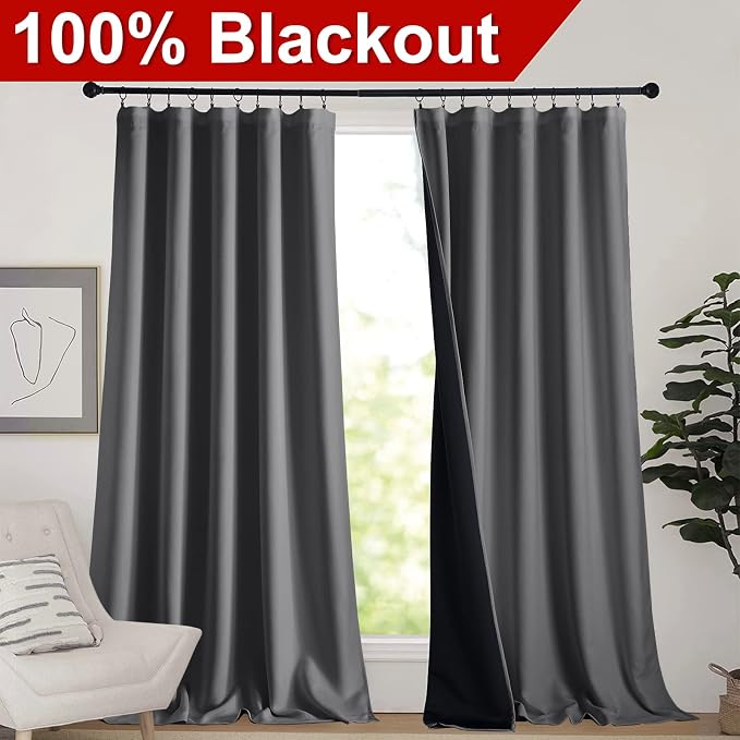 NICETOWN Total Shade Curtains and Draperies, Grey Blackout Bedroom Curtains, Heavy-Duty Rod Pocket Drapes with Black Liner Backing for Villa/Hall/Dorm Window (2 PCs, 62 inches Wide x 95 inches Long