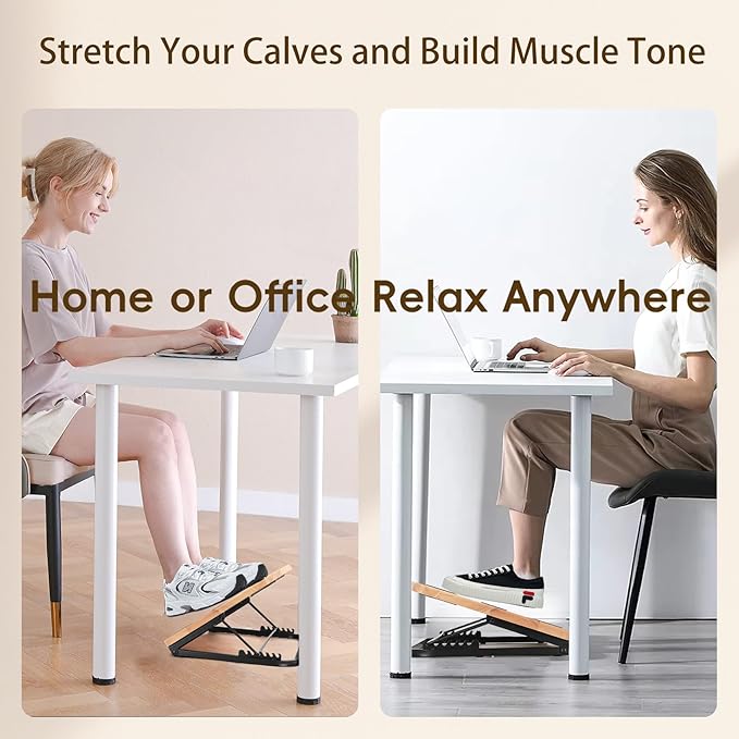 Under Desk Foot Stool Wood-Adjustable Ergonomic Foot Rest- 7 Adjustable Angles Wood Desk Footrest, Under Desk Foot Rest for Office Leg Rest - Natural-with Blue Cushions