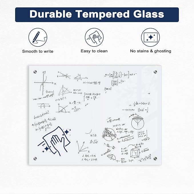 Magnetic Glass Whiteboard, 4' x 3', Frameless Wall Mount, Ultra White | 48" x 36", Large Glass Dry Erase Board for Wall, Includes 1 Marker Tray, 6 Magnets, White Board for Office, Home, Classroom