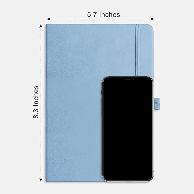 RETTACY Dotted Journal Notebook, 192 Pages, A5 Medium Size (5.7'' x 8.3''), Leather Hardcover, 100 GSM Thick Paper, for Journaling, Planning, Tracking (Light Blue)