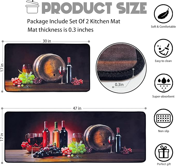 Voanos Kitchen Rugs,Non Skid Washable Microfiber mats for Kitchen Floor,3D Wine Kitchen Cushioned Runner Rug Decor Sets of 2,Size 17"x 47"+17"x 30"