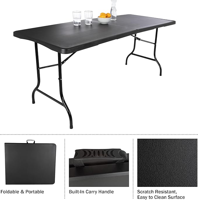 Lavish Home Portable Folding Tables - Lightweight Portable Folding Desk - 6-Foot-Long Plastic Table for Camping, Playing Cards, Parties, and Dining (Single/Black)