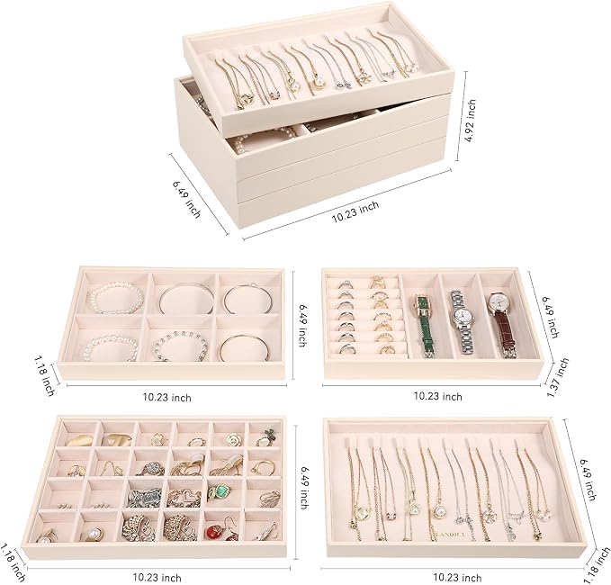 LANDICI Stackable Jewelry Organizer Trays 4 Set,PU Leather Jewelry Organizer Drawer,Jewelry Storage Display Tray for Earring Necklace Rings Bracelet with Removable Dividers,Apricot
