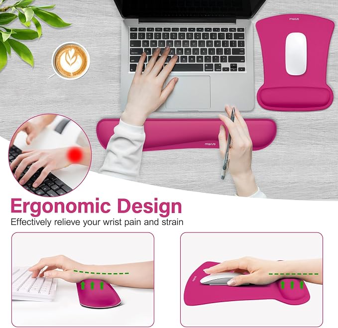 MOSISO Wrist Rest Support for Mouse Pad & Keyboard Set, Ergonomic Mousepad Non-Slip Base Home/Office Pain Relief & Easy Typing Cushion with Neoprene Cloth & Raised Memory Foam, Rose Red
