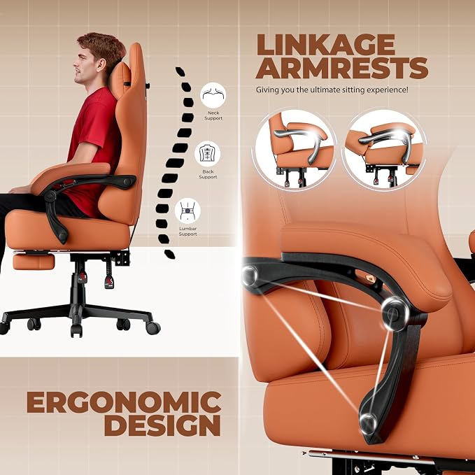 GTPLAYER Big and Tall Gaming Chair 400lbs Heavy Duty Office Chair with Footrest, High Back Pocket Spring Ergonomic Computer Chair for Adults, Wide Seated Cushion with Linkage Armrests,Leather Orange