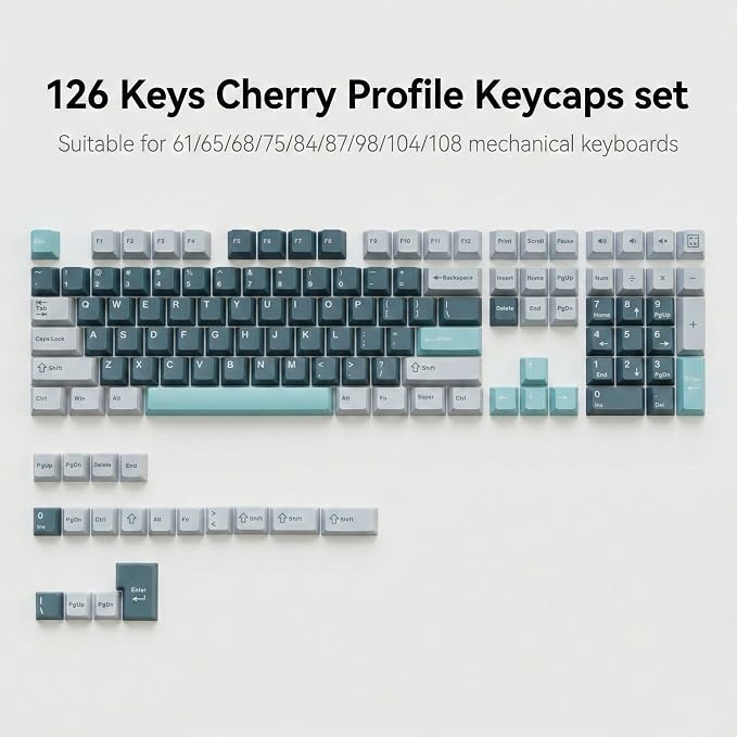 126 Keys PBT Double Shot Keycaps, Grey Blue Minimalist Keycap Set, Slate Cyan Cherry Profile Keycaps for Mechanical Keyboard 60% 65% 75% 100% Cherry MX Switches