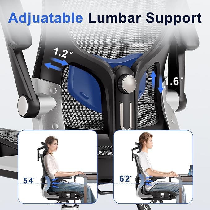 marrap Ergonomic Office Chair, Mesh Desk Chair with 3D Armrests, Adjustable Lumbar Support and Headrest, 90-120° Rocking Function, Black
