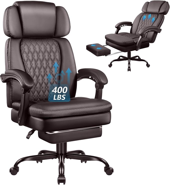 Office Desk Chair with Foot-Rest 400lbs, Heavy Duty Executive Office Chair, Comfy High Back Ergonomic PU Leather Reclining Desk Chair with Lumbar Support, Brown