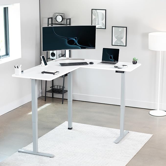 VIVO Corner Standing Desk, 63 x 55 inch Reversible L-Shaped Workstation, Electric Height Adjustment, Home, Office, and Reception Rooms, White Table Top Gray Frame, DESK-E3CTGW