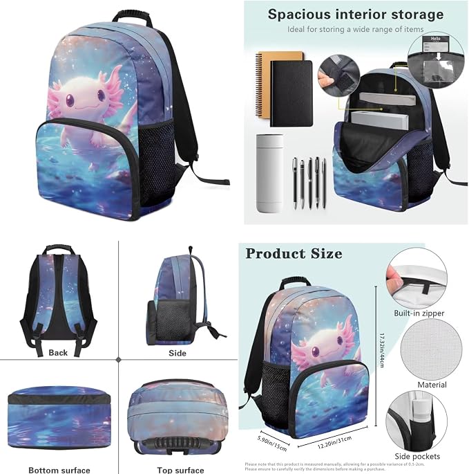 Ystardream Water Axolotl Backpack for Girls 8-12 Kids School Backpack with Lunch Bag,Pencil Bag,Water Bottle Sleeve,Large Laptop Bookbag with Multiple Pockets for Boys and Girls Daily Use