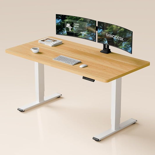 SANODESK Dual Motor Standing Desk 220lbs Height Adjustable Desk | 60"x24" Spacious One-Piece Maple Desktop & White Frame, 4 Memory Presets, 3-Stage Legs, 220lbs, 2-Box for Home & Office