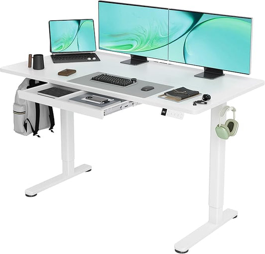 Claiks Electric Standing Desk with Drawers, 55x24 Inch White | Metal steel frame supports 176 lbs, 28.35 to 46.46 inch height range, 3 memory settings, 45 dB motor