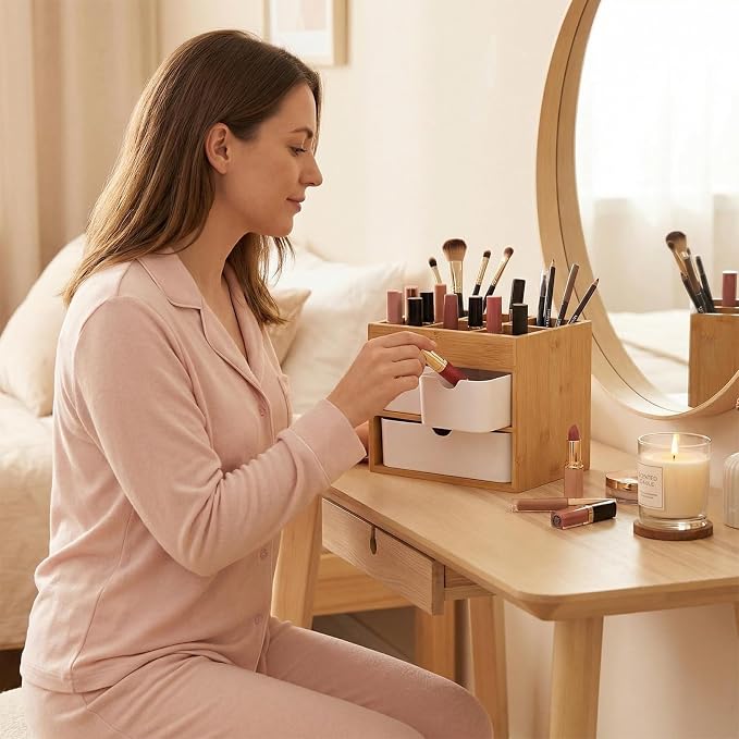 Small Bamboo Makeup Organizer with 3 Drawers | Wood Makeup Organizer, Dresser Cosmetic Box Organizer, For Home, Adjustable Dividers