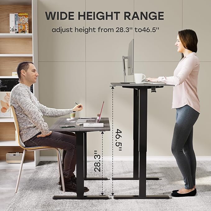 Grey Electric Standing Desk, 48 X 24 Inch Adjustable Height Table, Sit Stand Desk with 2 Hooks, Ergonomic Rising Workstation with Splice Board