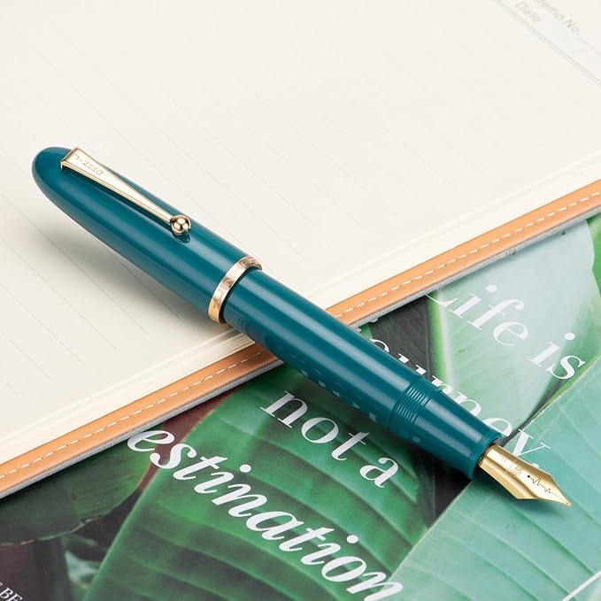 Jinhao 9019 DaDao Series Fountain Pen, Size 8 Medium Heartbeat Nib with Large Ink Converter, Lake Blue Acrylic Design Smooth Writing Pen (Gold Trim)