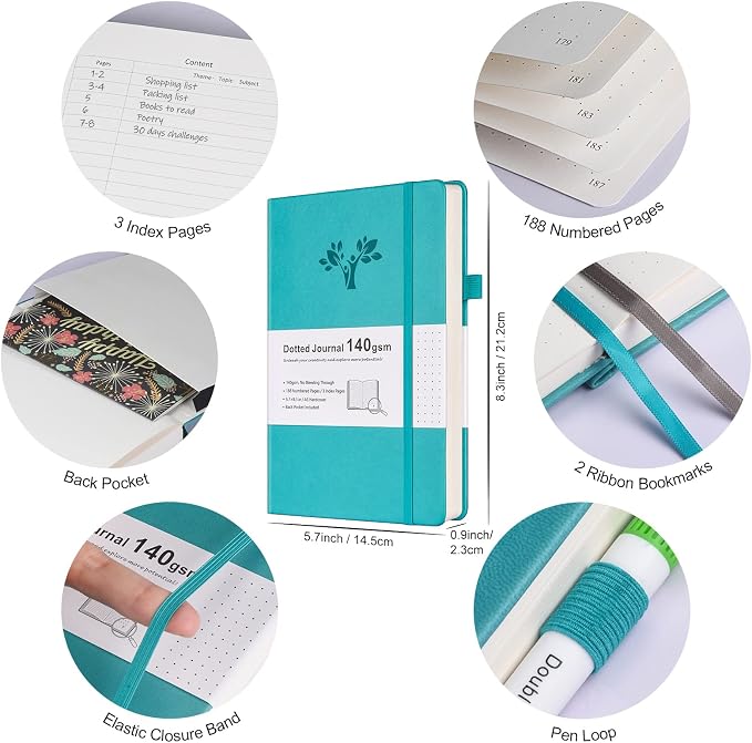 Bullet Dotted Journal Kit, 140gsm Hardcover A5 Dotted Journal with 188 Numbered Pages＆3 Index, 12 Brush Pens Dual Tip, 10 Stencils＆14 Washi Tape, Journaling Supplies for Scrapbooking Lovers, Teal