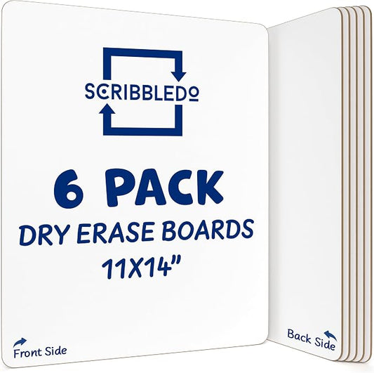 SCRIBBLEDO Small Dry Erase Board 11x14 Double Sided Whiteboard 6 Pack | Double Sided 11x14 Inch, Premium Masonite Handheld Hardboard, Wipes Clean No Ghosting, Students Classroom & Home