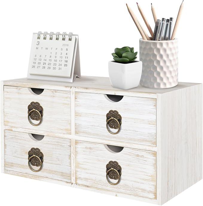 Wood Desk Organizer, White Wooden Desktop Organizer with Drawer, Tabletop Storage Organization Box for Countertop, Home Office Supplies Bills, 13.5x6.6x7.09 Inch(4 Drawer)