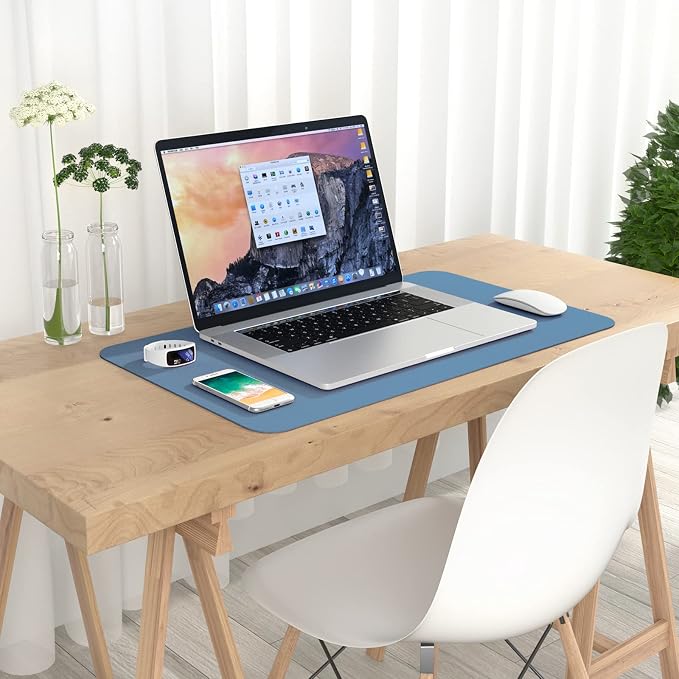 Hsurbtra Desk Pad, 23.6" x 13.8" PU Leather Desk Mat, M Extended Mouse Pad, Waterproof Desktop Blotter Protector, Non-Slip Ultra Thin Small Laptop Keyboard Writing Mat for Office Home, Dark Blue