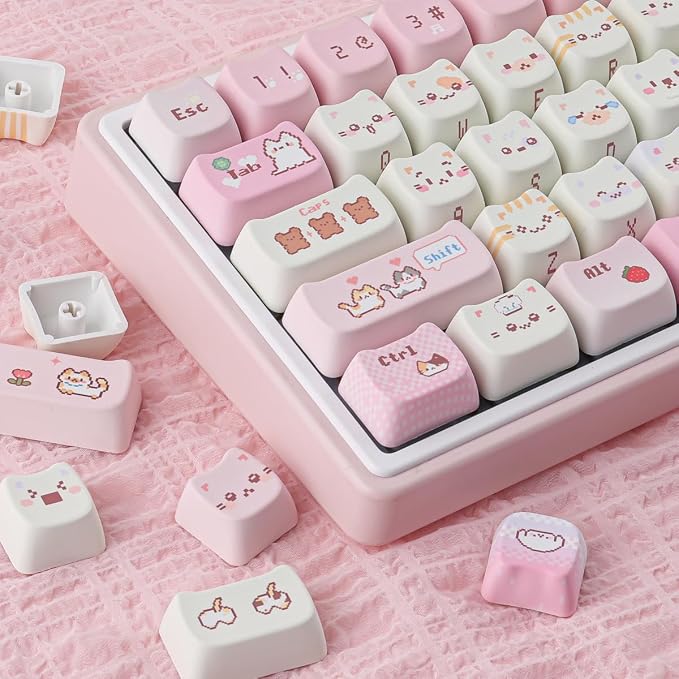Tsungup Cute Cat Keycaps Set,Pink Pixel Mao Profile Keycaps,132 Keys PBT Custom Key Caps Keyboard Keycap for 60%,65%,75%,100% Mechanical Keyboard