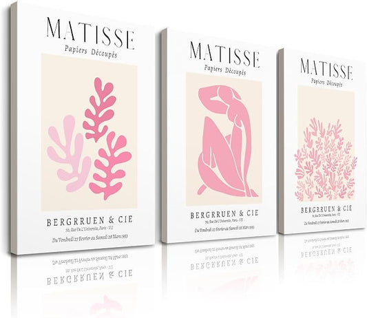 HesenDot Framed Matisse Pink Wall Art Set of 3,Minimalist Wall Decor,12x16IN Canvas Prints,Boho Cute Art Poster Home Decoration for Bathroom Bedroom