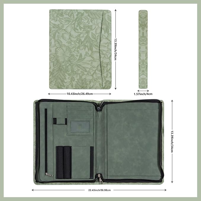 Calfinder Vegan Leather Portfolio with Zipper, Professional Business Padfolio with A4 Writing Pad Holder, Green Christmas Gifts, Resume Folder for Men and Women (Light Green, Customized)