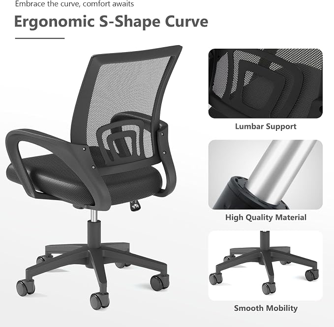 OS MOTOR Home Office Chair, Ergonomic Mid-Back Mesh Desk Chair with Lumbar Support, Adjustable Swivel Rolling Design, Comfy Armrest for Work, Study, Gaming, Vanity, Black | Lumbar Support, Adjustable Height, Swivel Rolling Design, Comfy Armrest, Home, ...