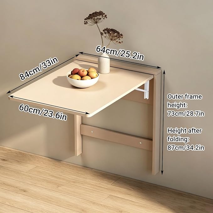 Space-Saving Wall Mounted Folding Dining Table Heavy Duty Floating Desk for Small Spaces Kitchen Laundry Room Study（Chair not Included in Product）(Natural Wood)