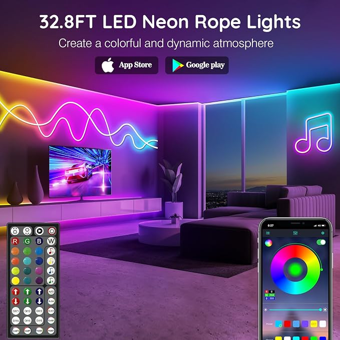 AILBTON 32.8Ft Neon Rope Lights,Flexible Led Rope Lights Control with App/Remote,Multiple Modes Music Sync Gaming RGB Led Neon Lights for Bedroom Outdoor