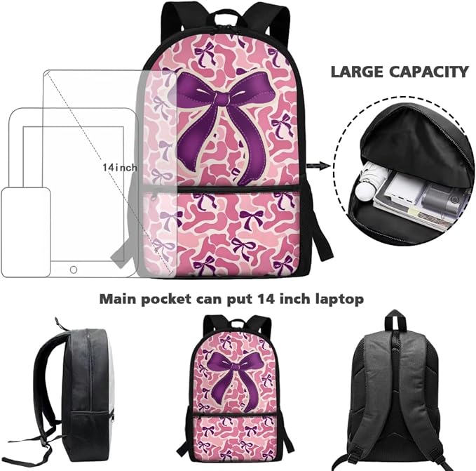 WELLFLYHOM Kids Pink Camo Bow Book Bags for Girls Ages 6-8 School Backpack | School Bookbag and Lunchbox Pencil Case Water Bottle Sleeve 4 Pcs Kids Backpack Set Gift for Back to School Season