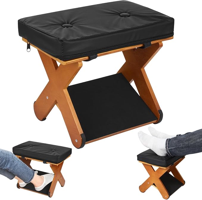 Double Step Foot Rest Under Desk, Ergonomic Wood Foot Stool with PU Cushion Top, Desk Foot Rest for Office Chair, Under Desk Footrest Stool for Work, Leg Rest Support (Walnut Finish)