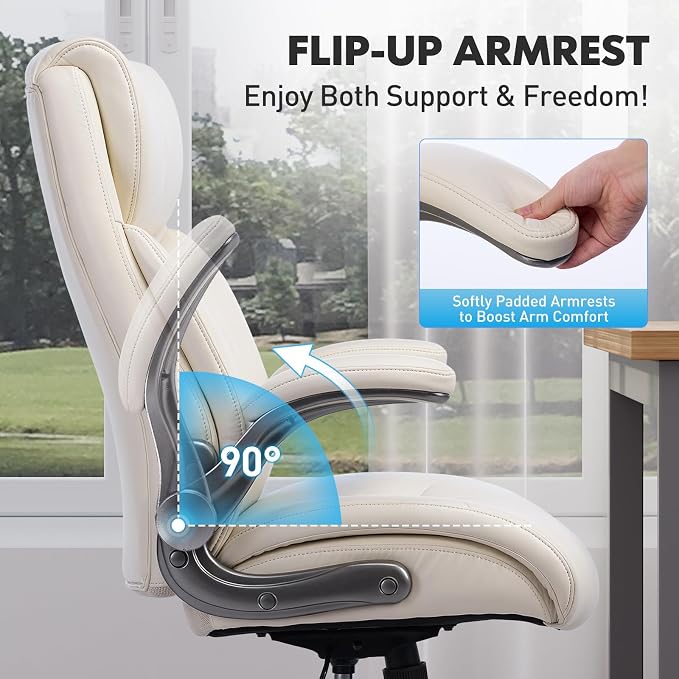 MALOL 300lbs Ergonomic PU Leather Office Chairs, High-Back y Home Computer Executive Chair with Lumbar Support and Flip-Up Arms, Beige