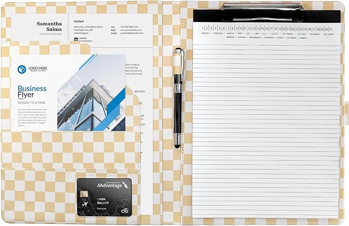 Mymazn Padfolio Portfolio Folder, Faux Leather Interview Resume Folder with Document Organizer & Business Card Holder, Letter-Sized Notepad Legal Pad Holder for Men Women (Tan Checkered)