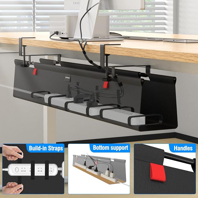 No Drill Under Desk Cable Management Tray, 48" Cord Management Tray with Cable Loop, Upgraded Oxford Fabric Wire Management for Standing Desk - No Damage to Table