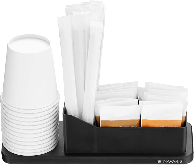 Navaris Small Coffee Station Organizer - Tea and Coffee Condiment Supplies Holder with Stacking Cup Storage - For Kitchen or Office Break Room - Black