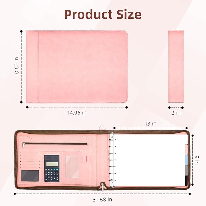Ospelelf Pink Zippered 7 Ring Check Binder for Business Checks (9" x 13"), 1 Inch Faux Leather Checkbook Portfolio with Zipper Pouch, Professional Binder Organizer for Accountants, Home Use