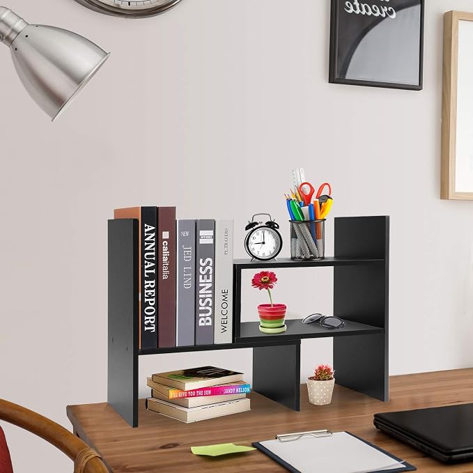 Hossejoy Desk Shelf, Adjustable Desktop Storage Organizer, Wood Display Shelf Rack, Office Supplies Desk Organizer, Black