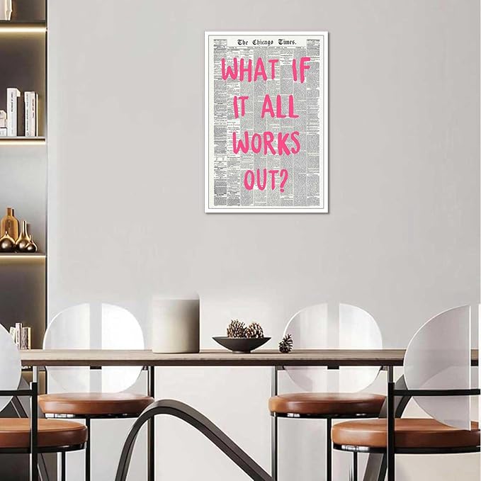 Drimiler What If It All Works Out Poster Retro Newspaper Pink Font Canvas Wall Art Positive Affirming Quote Minimalist Prints Painting For Home Bedroom Dorm Wall Decor 8x12in Unframed