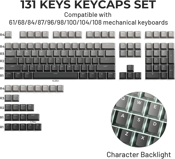 SDYZ x XVX Shine Through PBT Keycaps, Keycaps 60 75 100 Percent Cherry Profile, Doubleshot Custom Key caps Set for 61/64/68/84/87/100/104/108 Gaming Mechanical Keyboard, Gradient Gray