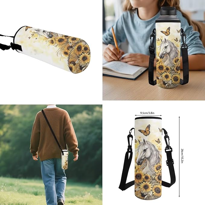 Horse Sunflower Backpack with Lunch Box for School Boys Girls Personalized School Bags 4 in 1 Set Includes Lunch Bag Pencil Case and Water Bottle Holder Back to School Supplies
