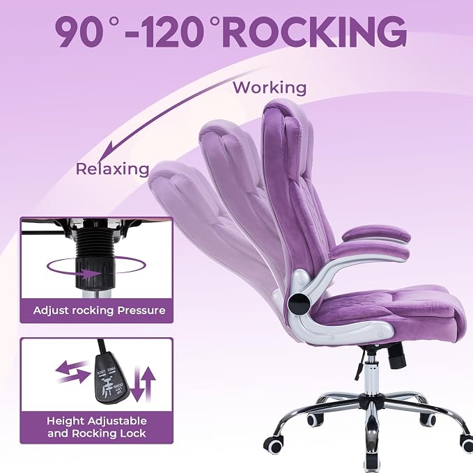 400lbs Executive Office Chair with Flip-Up Armrests, Big and Tall Computer Chair for Heavy People, Heavy Duty Ergonomic Comfy Chair, Breathable Plush Velvet(Purple)