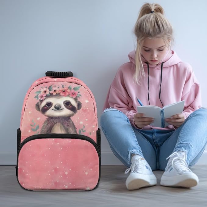 ZFRXIGN Sloth Girls Backpack for Teen Girls School with Pendant 17inch Middle High School Bag and Insulated Lunch Box Pencil Case 4pc Backpack Set Back to School
