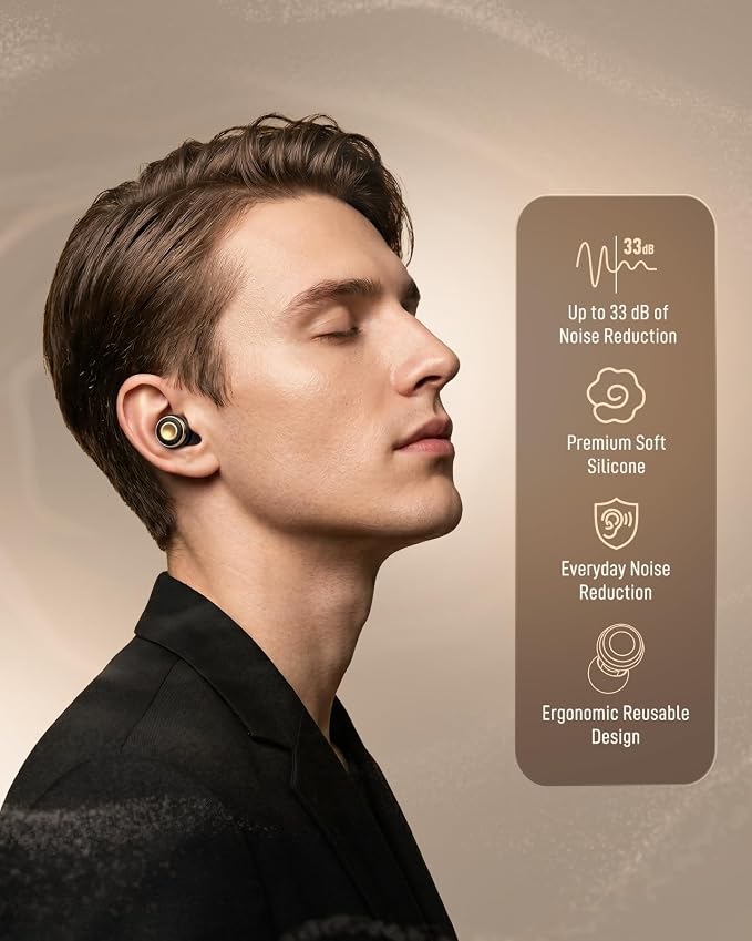 Reusable Ear Plugs for Sleeping, Travel & Work, Up to 33dB Noise Reducing Silicone Ear Plugs with 4 Sizes, Secure Fit, Portable Snap-Closure Case for Flights, Study, Commute Reading