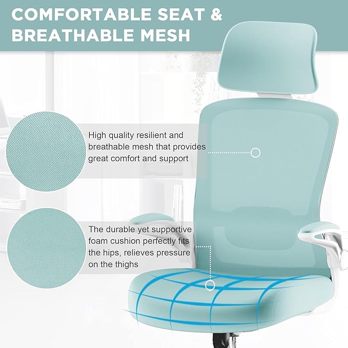 Mimoglad Office Chair, High Back Ergonomic Desk Chair with Adjustable Lumbar Support and Headrest, Swivel Task Chair with flip-up Armrests for Guitar Playing, 5 Years Warranty