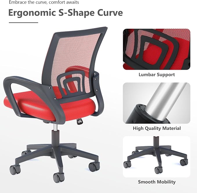 OS MOTOR Ergonomic Mid-Back Mesh Office Chair (Red) | Lumbar Support, Adjustable Height, Swivel Rolling Design, Comfy Armrest, Home, Office, Work, Study, Gaming, Vanity