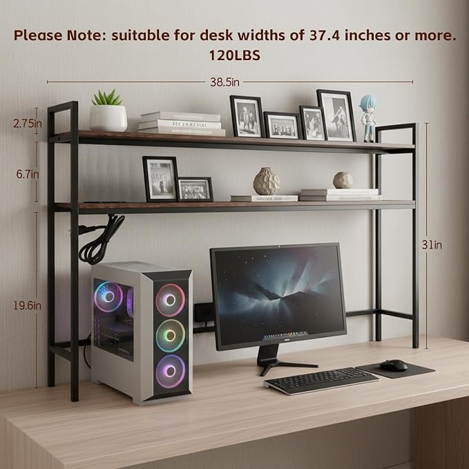 38.5" Desk Shelf with Outlets, 2-Tier Adjustable Multipurpose Engineered Wood Organizer Desk Hutch, Office Storage Rack, Desktop Shelf Organizer for Dorm,Office Home (Brown)