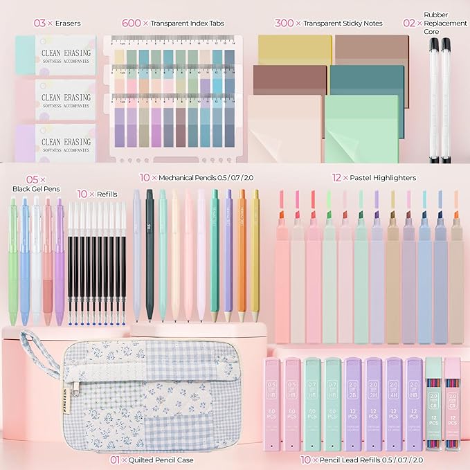 WOBAGMEN 62PCS Aesthetic School Supplies with Quilted Pencil Case, Pastel Highlighters, Gel Pens Mechanical Pencils Set, Cute Back to School Supplies, College Essentials (Green Blue Patchwork, M)