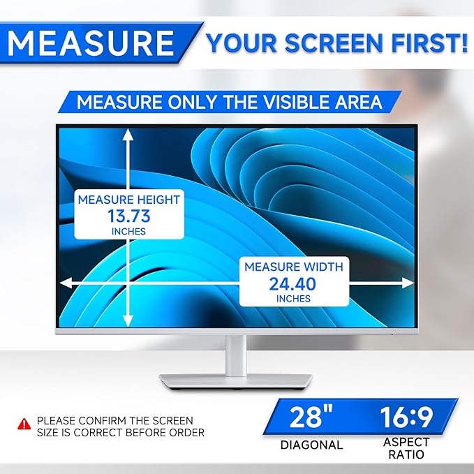[2-Pack] Privacy Screen For Computer Monitor, 28-Inch 16:9 Aspect Ratio; Anti Spy/Bule Light/Glare And Eye Protection, 2 Install Ways Removable For Office, Airport, Cafe And Other Public Area; Diagonal 28 Inches, Width 24.4 Inches, Height 13.73 Inches