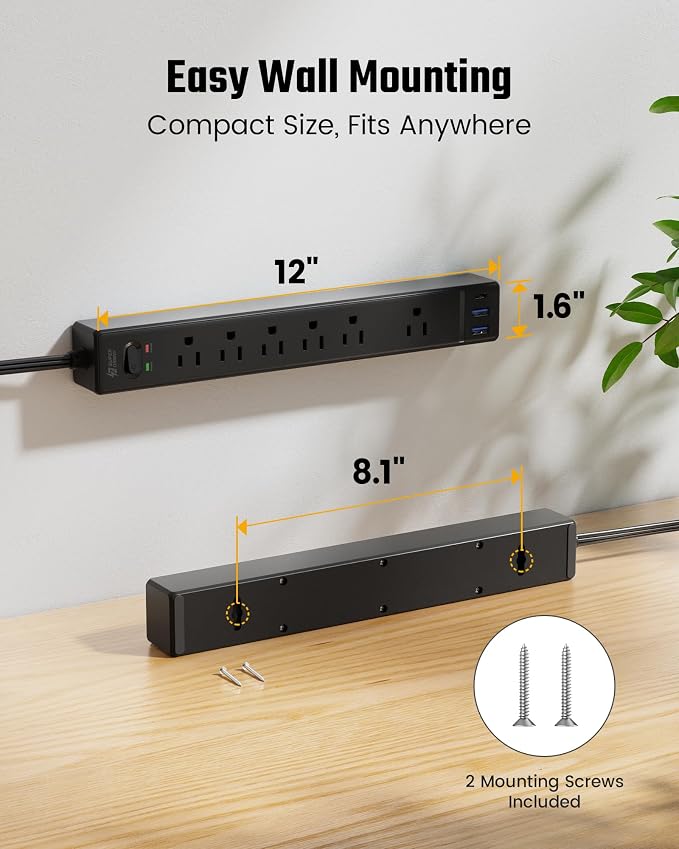 Black Long Extension Cord 20Ft, SUPERDANNY Flat Plug Surge Protector Power Strip with 6 Outlets & 3 USB Ports, Power Bar for Home Office, Dorm Room