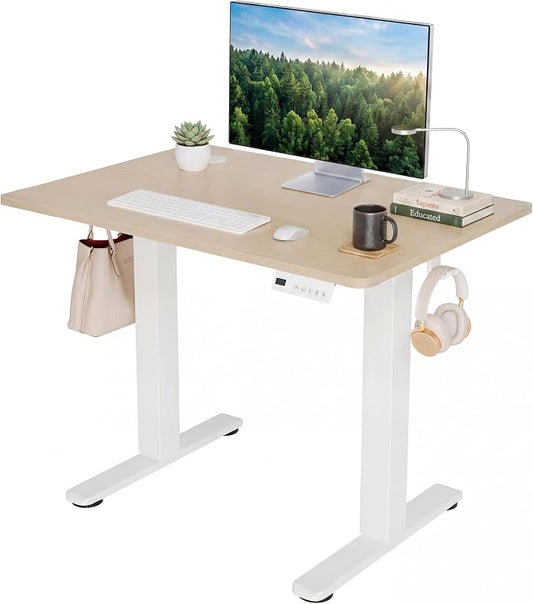 Claiks Electric Small Standing Desk, 32x19 Inch, Nature | Adjustable height for sit-stand, 156lbs capacity, scratch-resistant surface, 3 memory presets, cable management & hook.